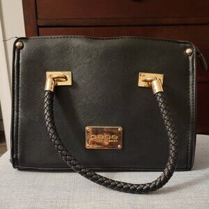 bebe shoulder bag, black, handbag, braided straps, gold hardware, multipockets